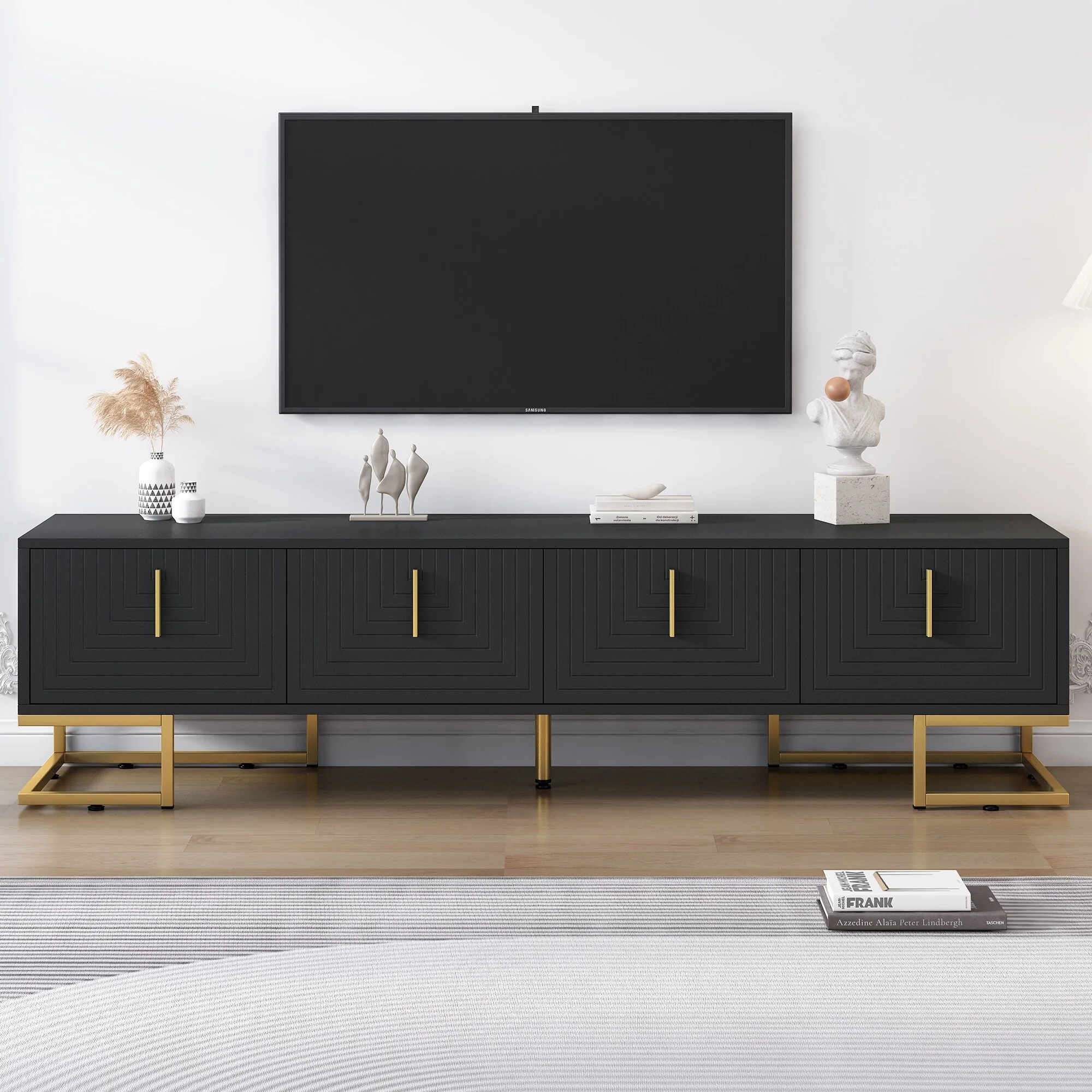 Black+Gold 70 TV Stand with Gold Handles & Adjustable Shelves for TVs Up to 80