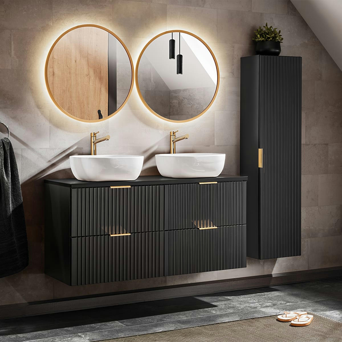 - Ensemble meuble double vasque 120cm et colonne stratifiés noir mat