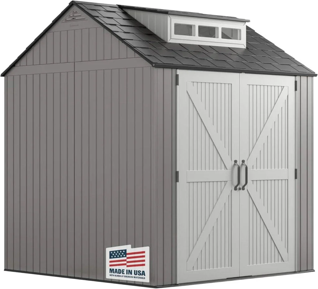 Rubbermaid Resin Outdoor Storage Shed With Floor (7 x 7 Ft) Weather Resistant Gray Organization for Home/Backyard/Garden Tools/Lawn Mower/Bike Storage/Pool Supplies(7'x7'/Gray)
