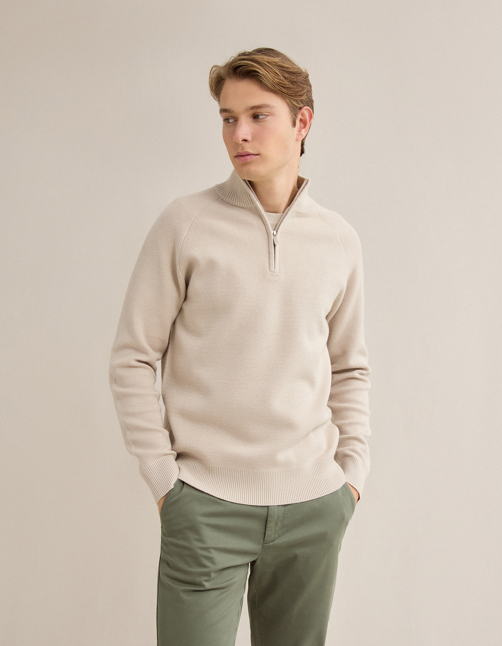 Camisola de Malha Waffle, Homem, Bege Claro