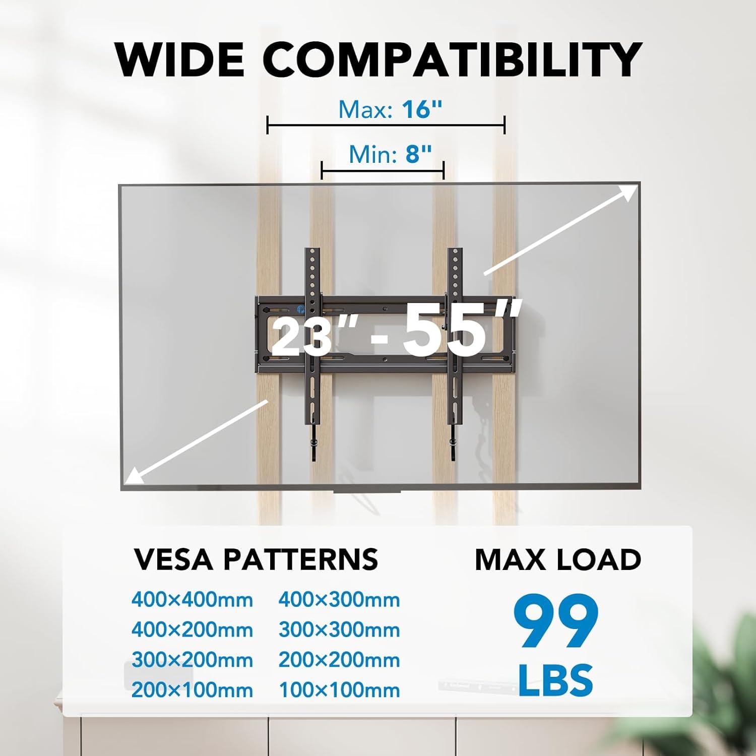 Pipishell Tilt TV Wall Mount Bracket Low Profile for Most 23-55 Inch LED LCD OLED 4K Flat Curved TVs up to 99lbs Max VESA 400x400mm, 8° Tilting for Anti-Glaring, Fits 8-16 inch Wood Stud