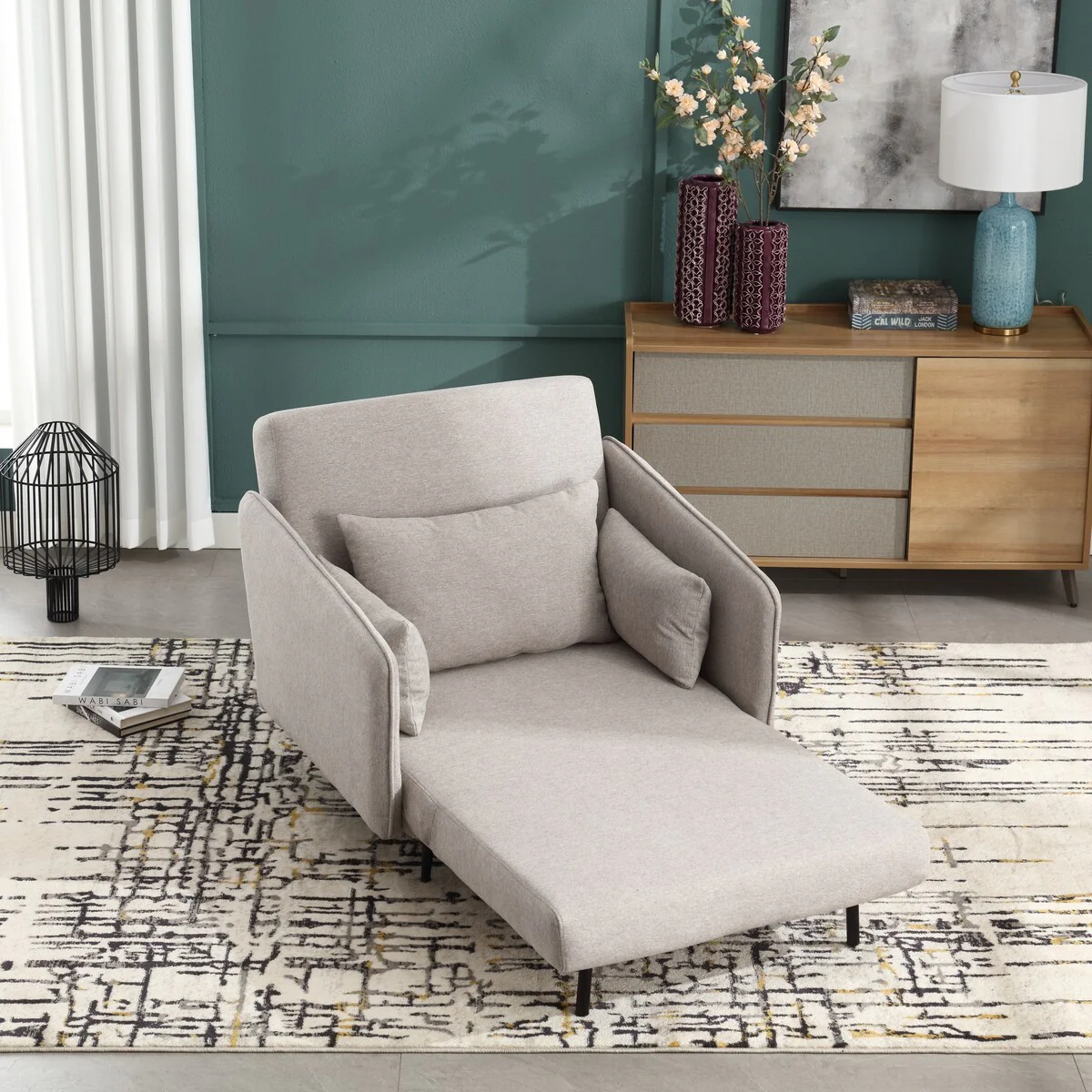 Linen Upholstered Living Room Single Sleeper Armchair With Pillow