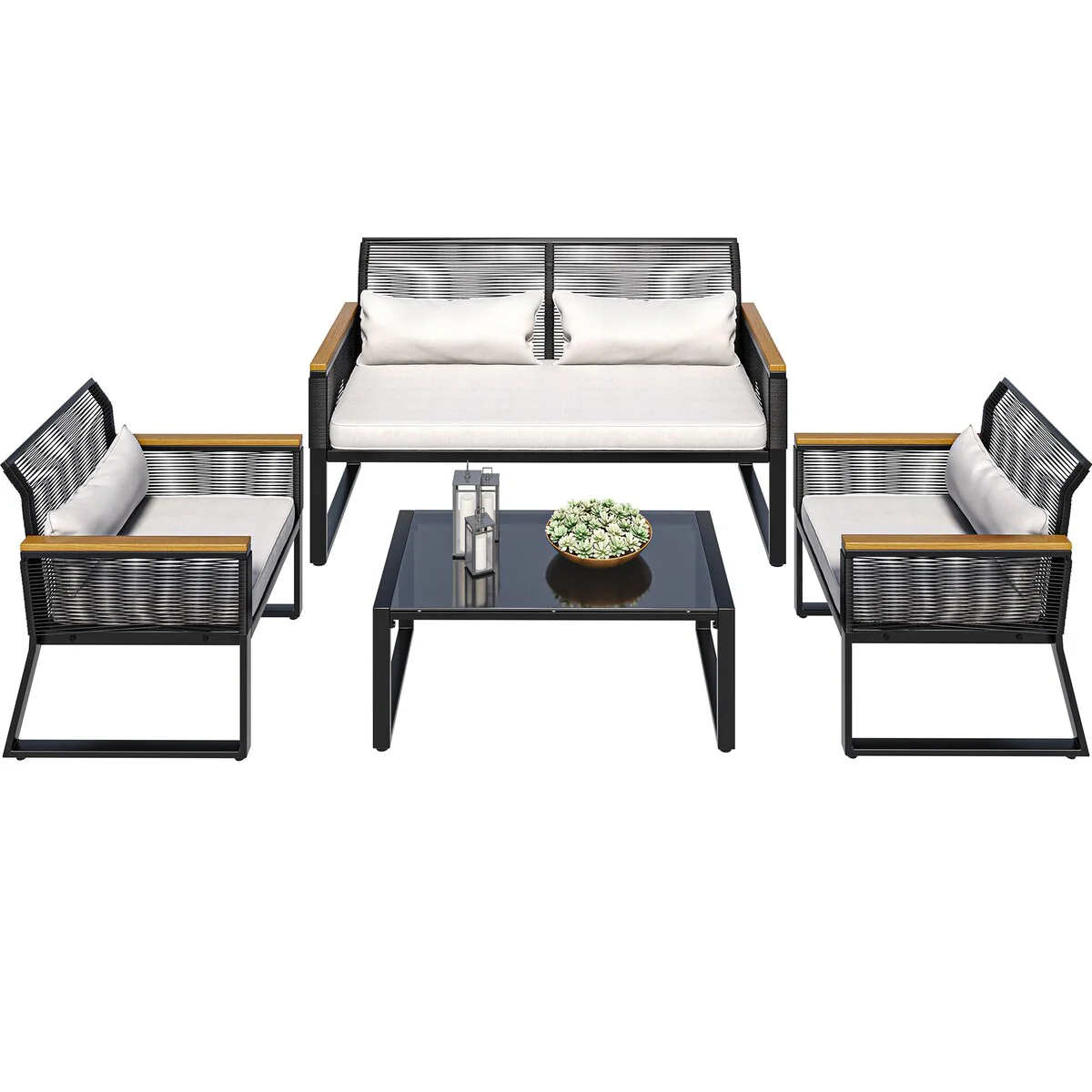 4-Piece Outdoor Bistro Set Weather-Resistant Wicker Rattan Patio Furniture with Wooden Armrests and Cushions - 4PCS