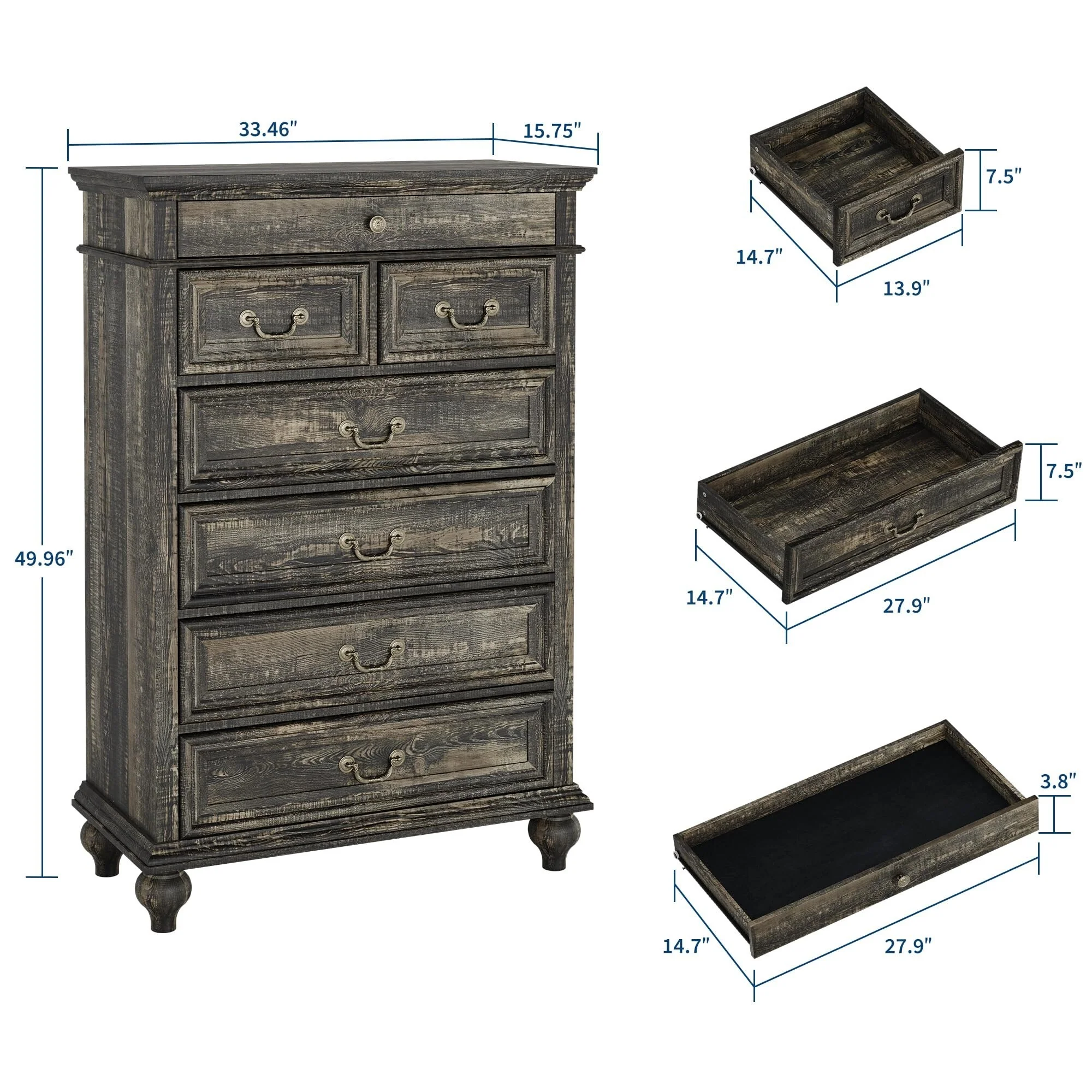 7 Drawers Dresser for Bedroom, Farmhouse 50 Tall Wood Chest of Drawers with Rustic Handle