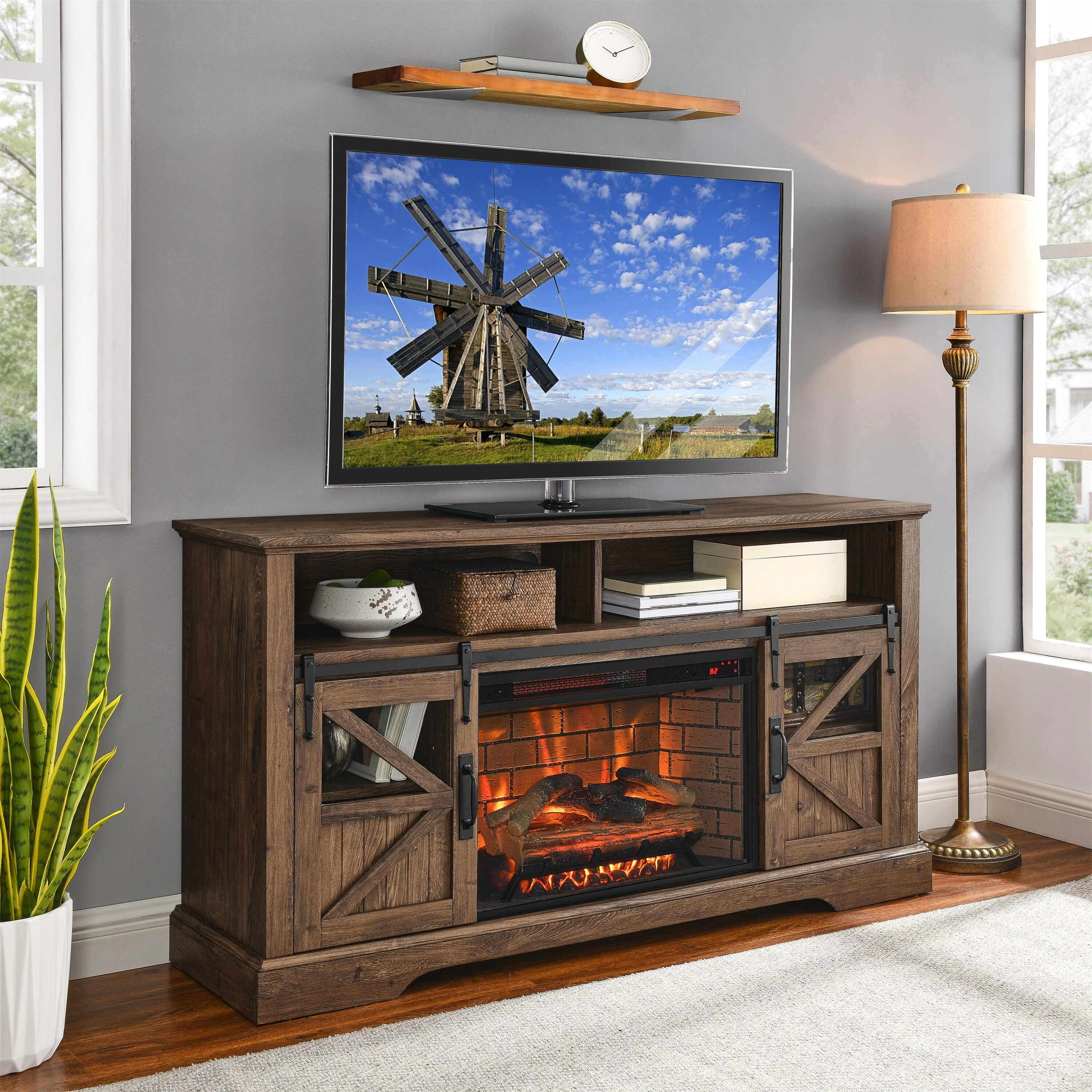 Reclaimed Barnwood 60 Fireplace TV Stand with Remote & Safety Protection for TVs Up to 70