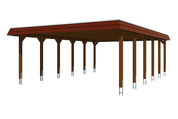 Carport SKAN HOLZ Spreewald 585x893cm, planches de toit et EPDM, bandeau rouge, bois résineux imprégné, traitement coloré noyer