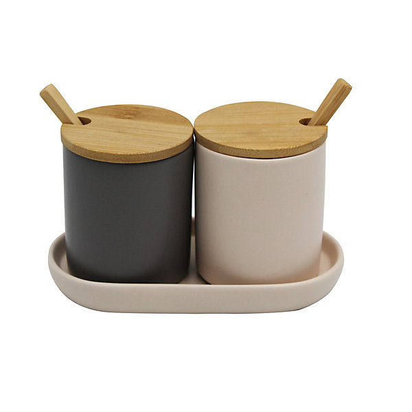 2 pots à épices en céramique avec couvercles et cuillères en bambou Box &Beyond