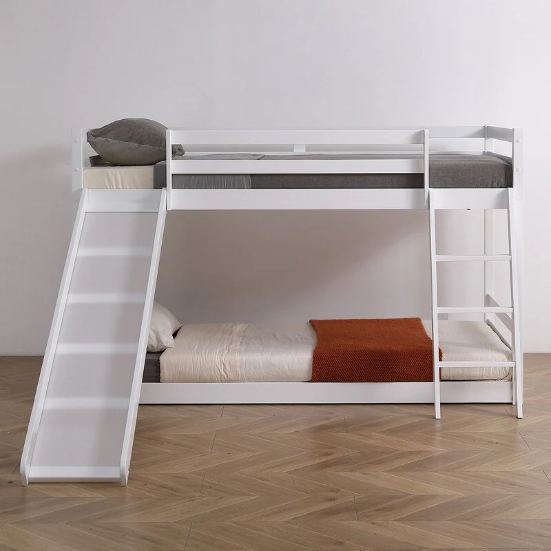 White Elevated Cross Guard Rail with Slide Twin Pine Wooden Bed