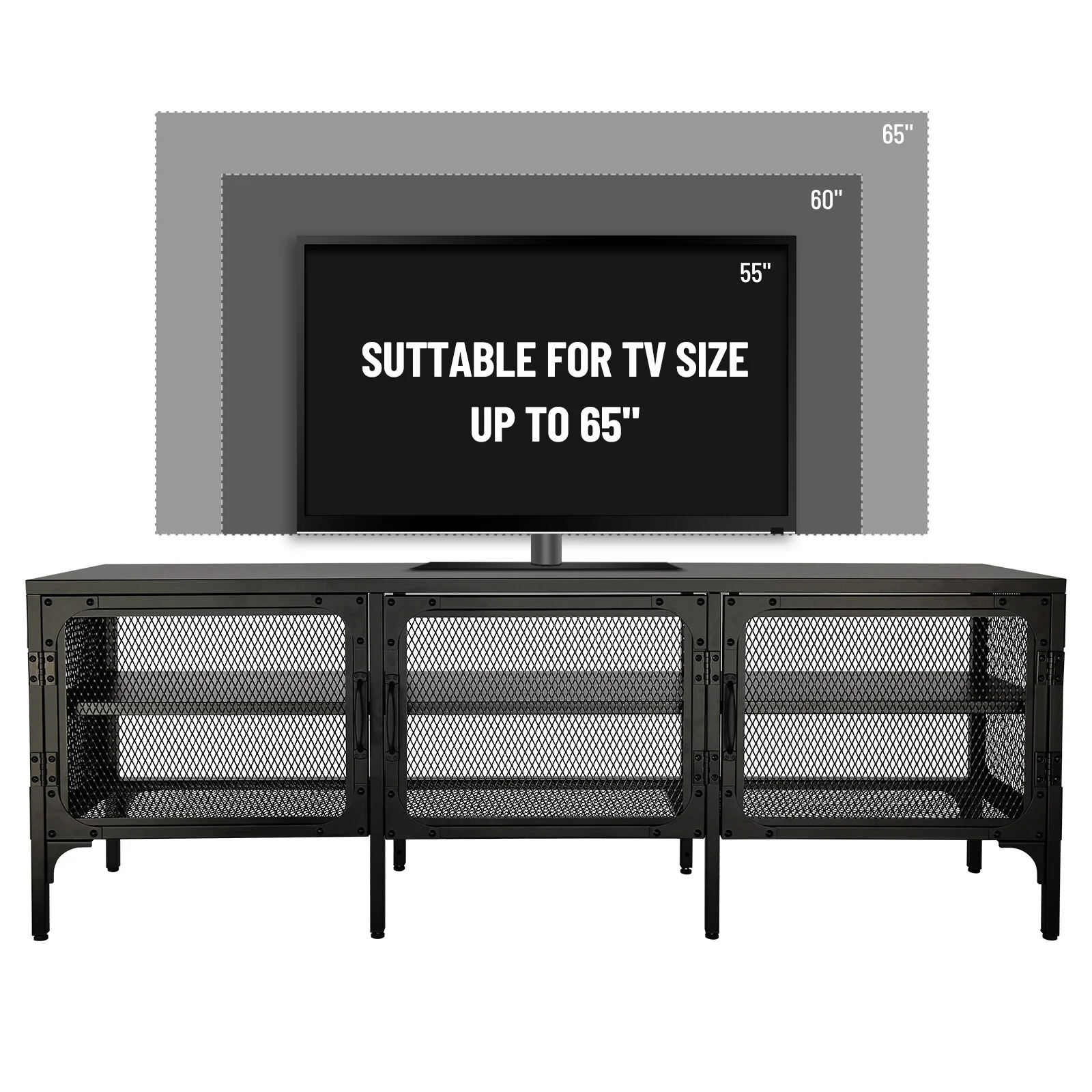 Black 59 TV Stand with Metal Mesh Doors & Storage for Living Room