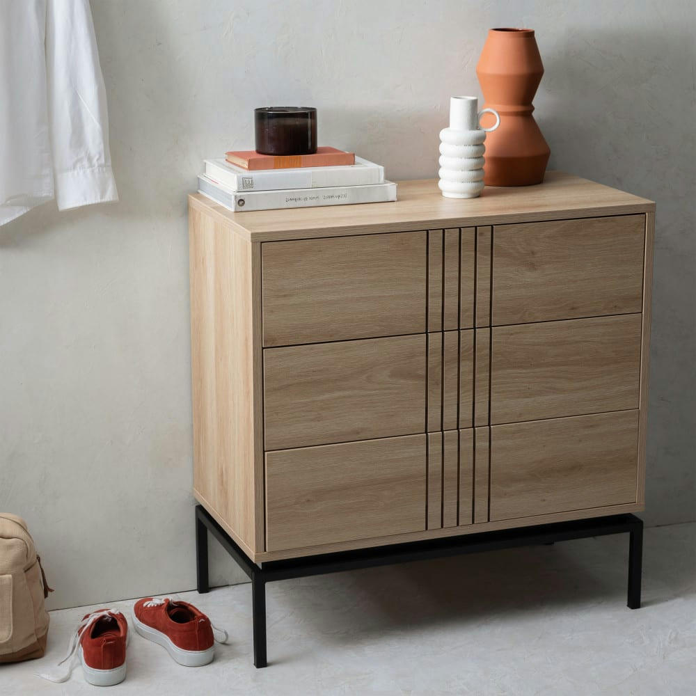 KROKOM - Commode 3 tiroirs en bois et métal L80cm bois clair