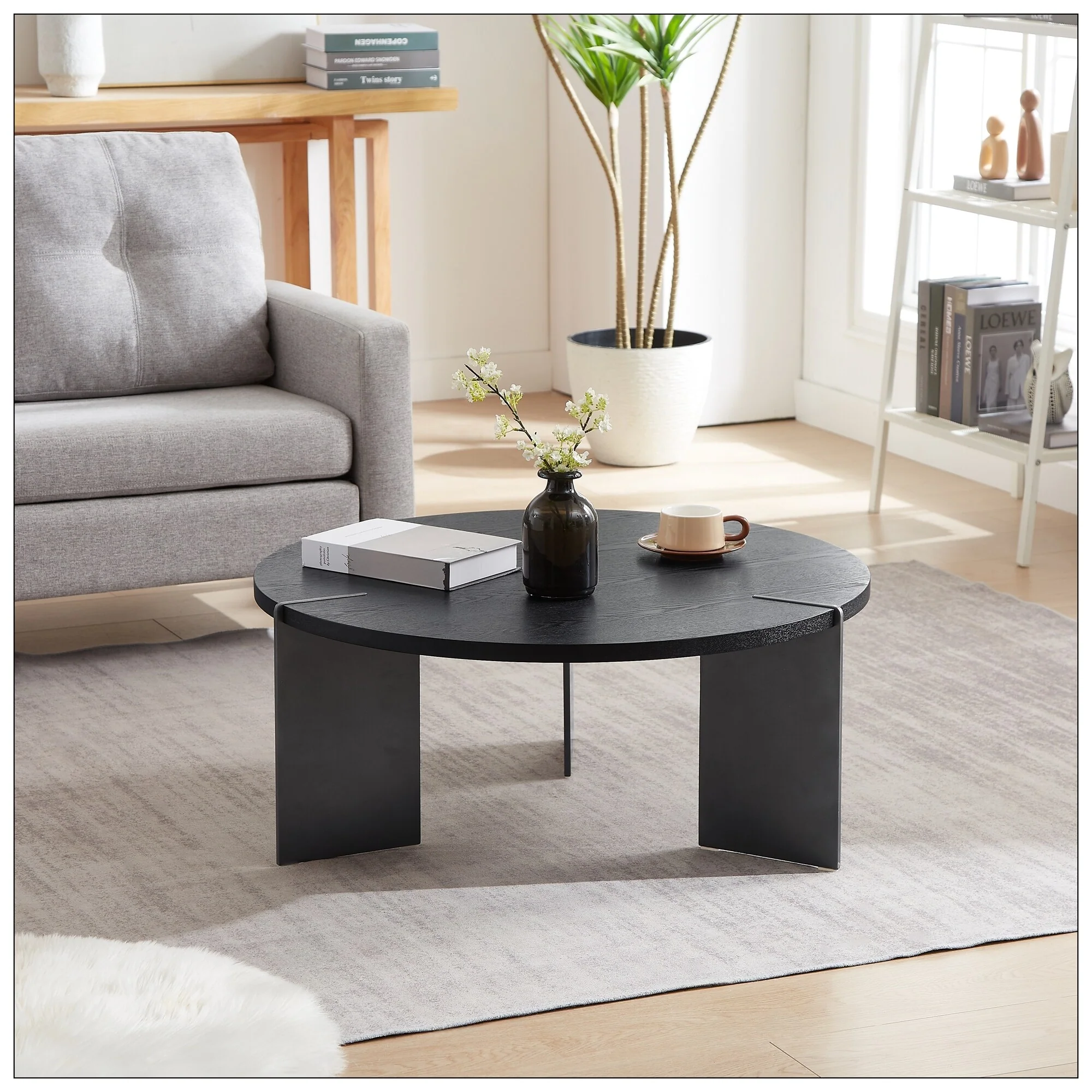 Round Coffee Table Black Oak Wood Surface and Black Metel Feet