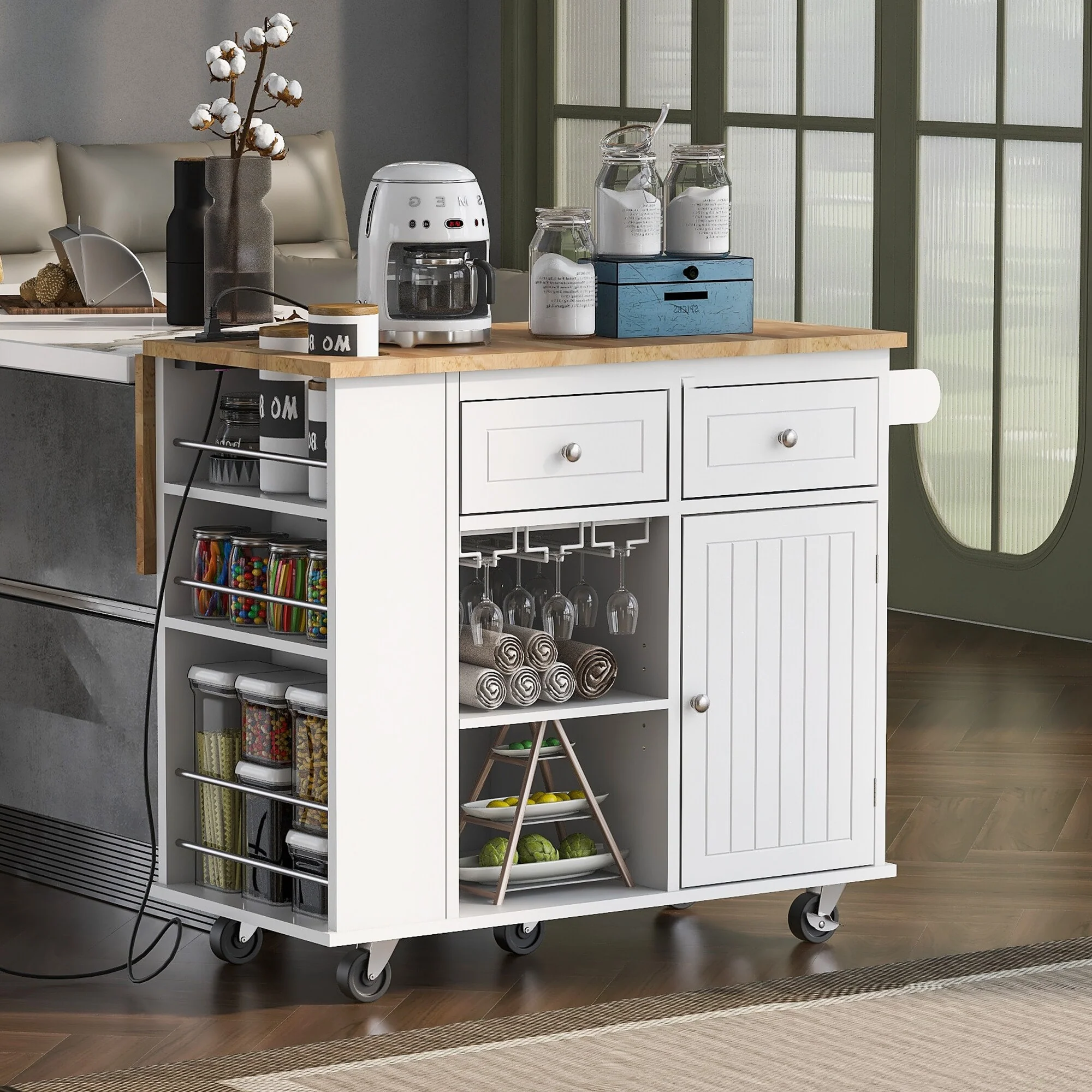 Foldable Rubber Wood Kitchen Island with Open Storage & 5 Wheels, Kitchen Storage Island with Power Outlet & Wine Rack
