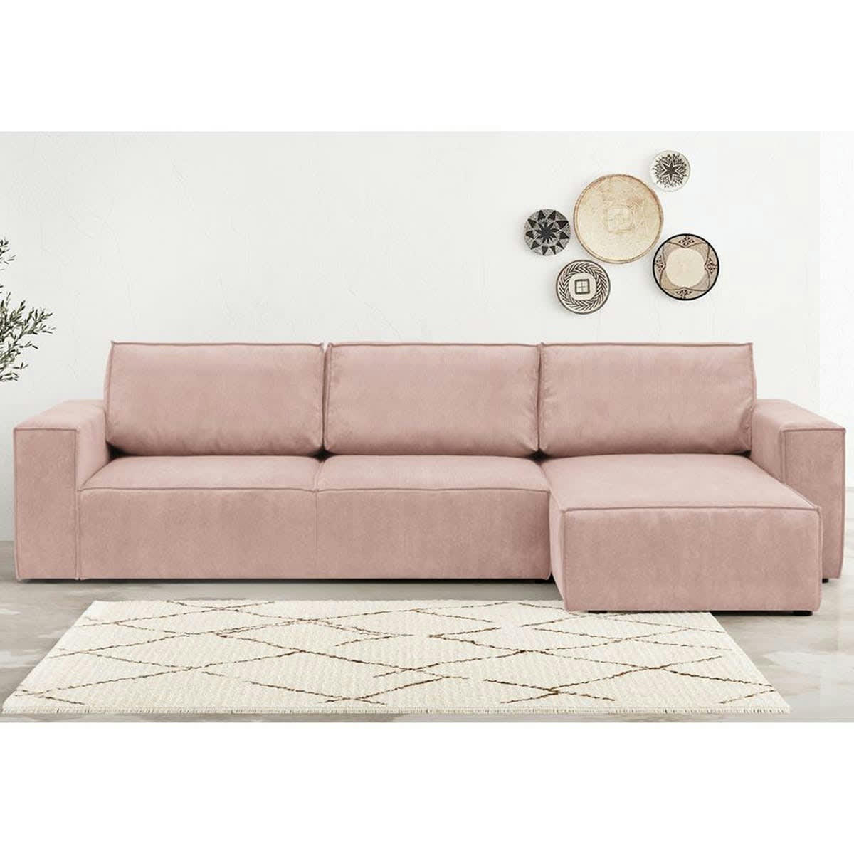 HARPER NEW - Canapé d'angle 5 places convertible en velours fines côtes rose