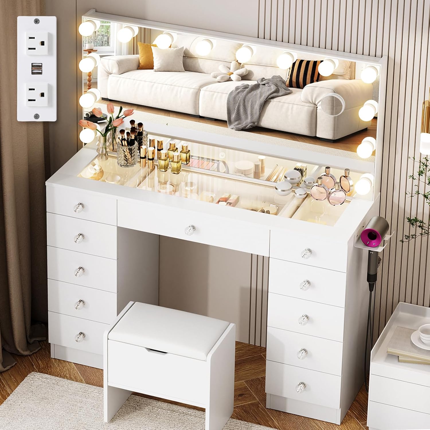 VOWNER Vanity with Lighted Mirror - Glass Top Makeup Vanity Desk with Lights and 11 Drawers, 3 Color Lighting Modes Adjustable Brightness, 46 Makeup Desk with Soft Cushioned Stool for Bedroom, White