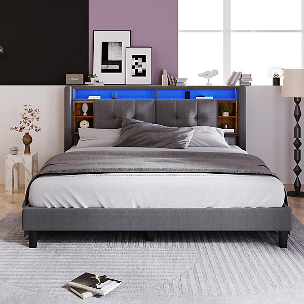 Lit Déco 160 x 200 Cm - Lit Double avec Tiroirs, USB et LED - Bois Massif, Lin, Métal - avec Matelas - Gris