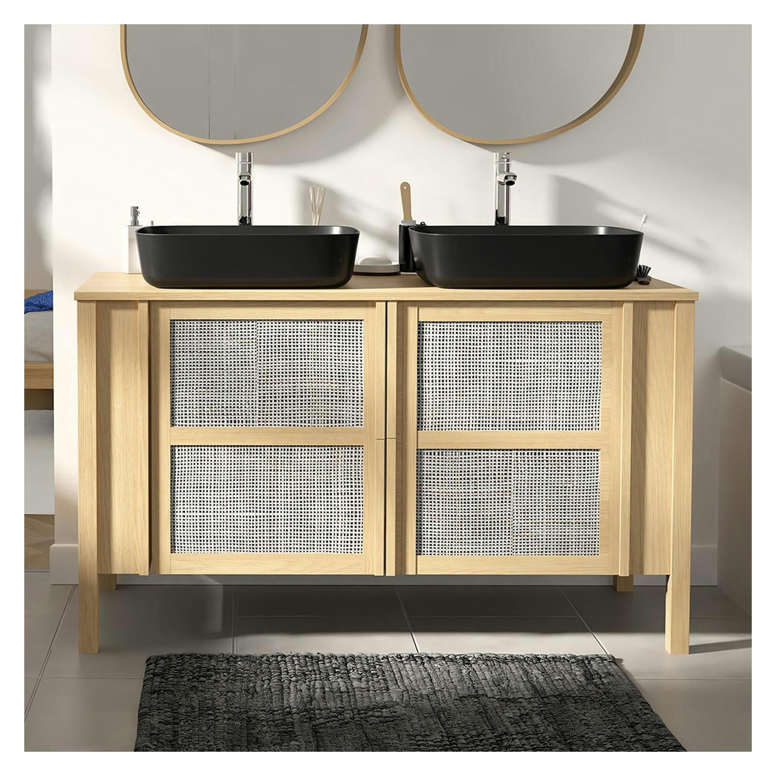 NESTO - Meuble double vasque 130cm chêne  portes cannages + vasque + robinet