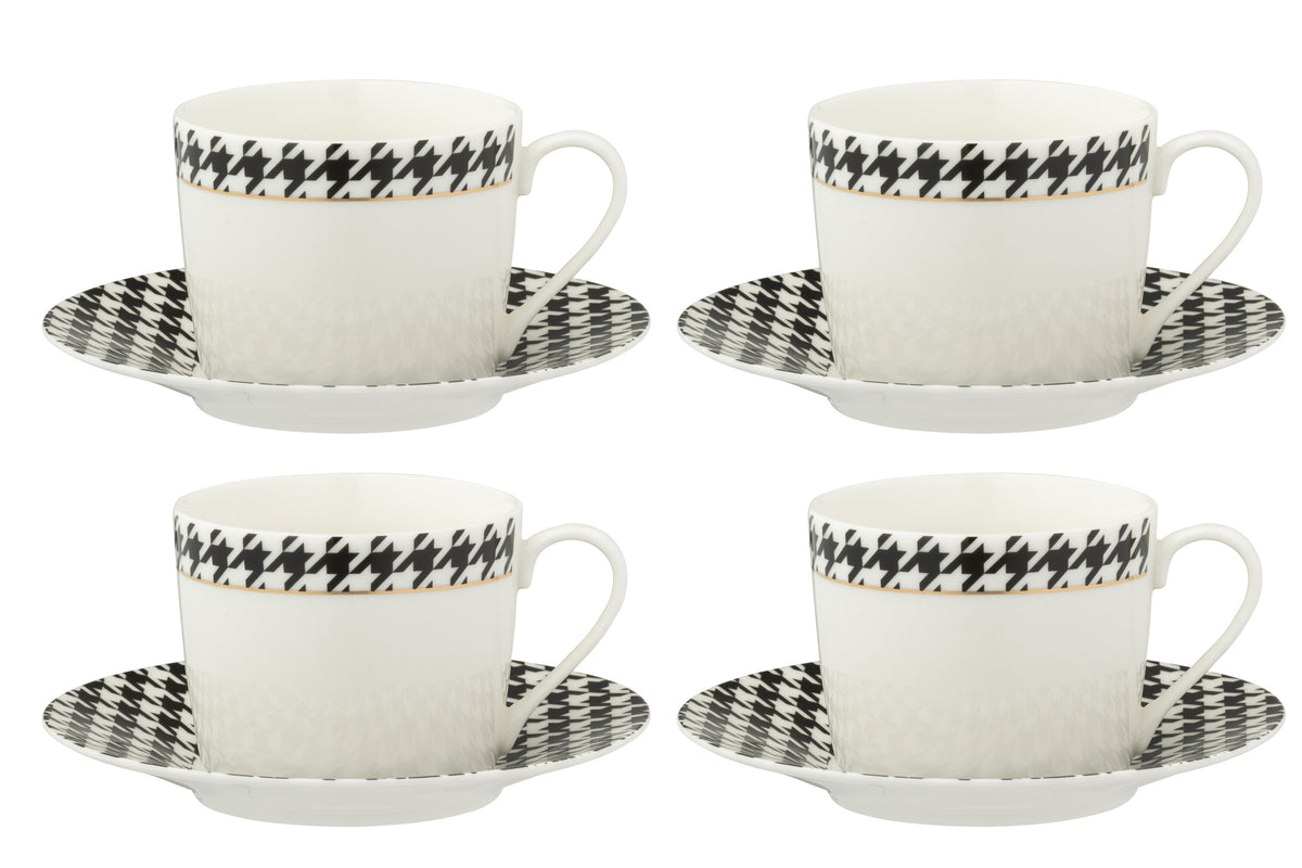 J-Line koffietas   bord Pied-Poule - porselein - wit/zwart - doos van 4