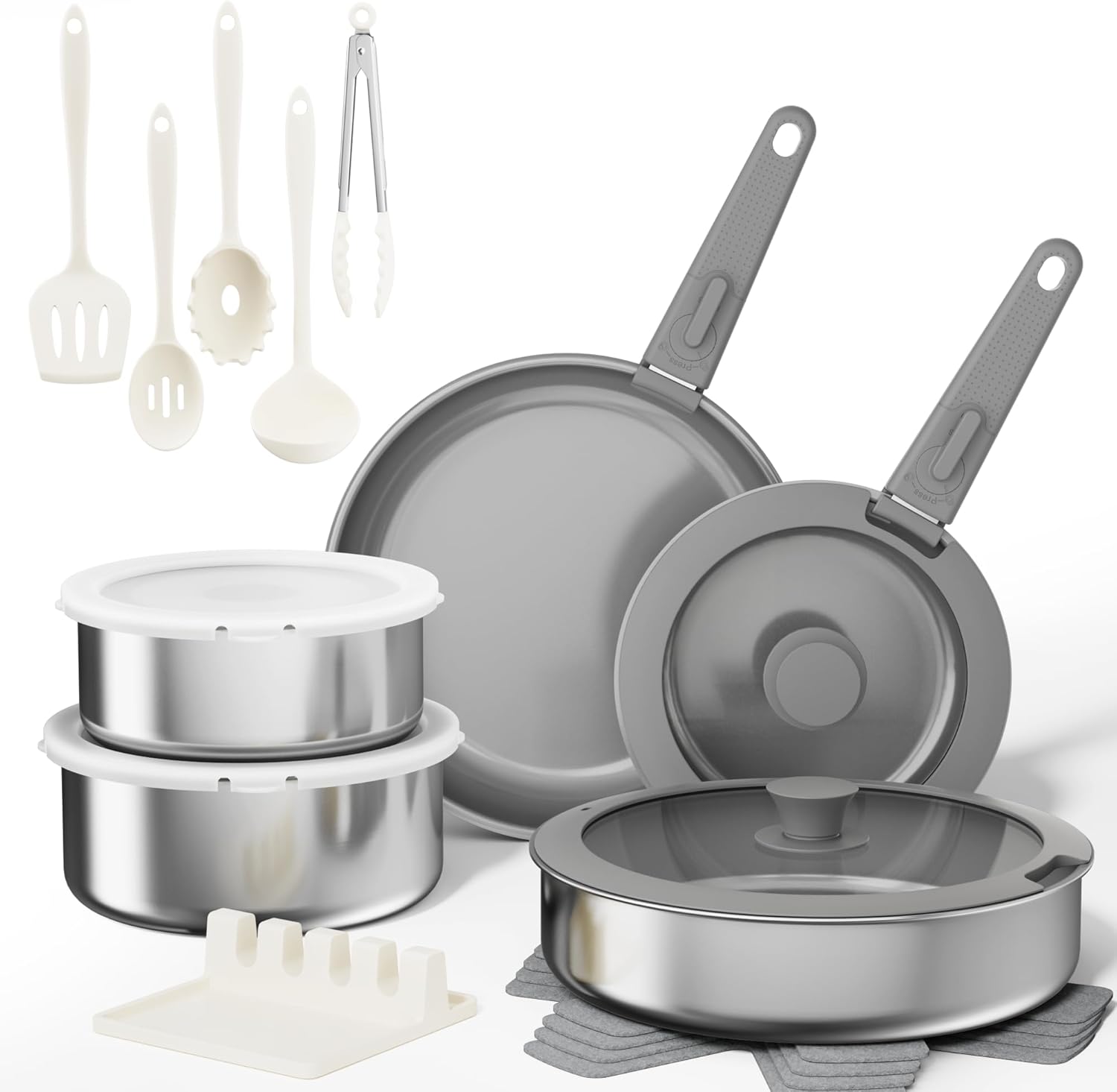 Sanho 21-Piece Pots and Pans Set, Healthy Ceramic Nonstick Cookware with Detachable Handles, Non-Toxic 4-Layer Stainless Steel & Aluminum Core, Induction RV Kitchen Set, Dishwasher & Oven Safe, Gray