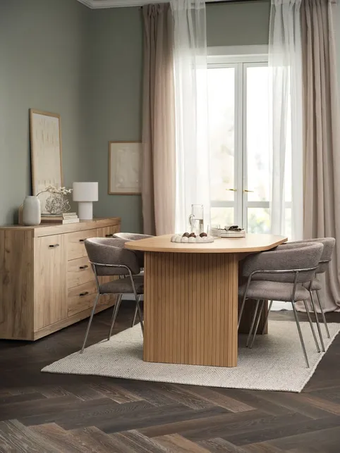 LYNGVIG L180/260 bord natur eg + 4 RAMSING stole beige/krom