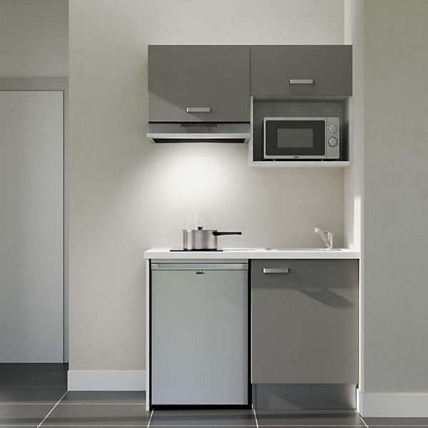 Kitchenette K02 façades Gris - Plan de travail Blanc - Crédences : Non - Evier inox - Electroménager Inox inclus