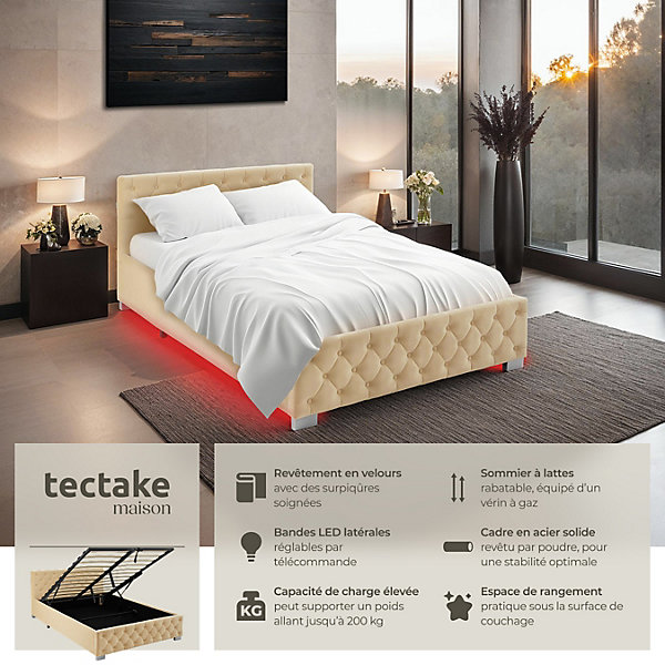 Lit capitonné avec bandes LED et espace de rangement 140x200 beige