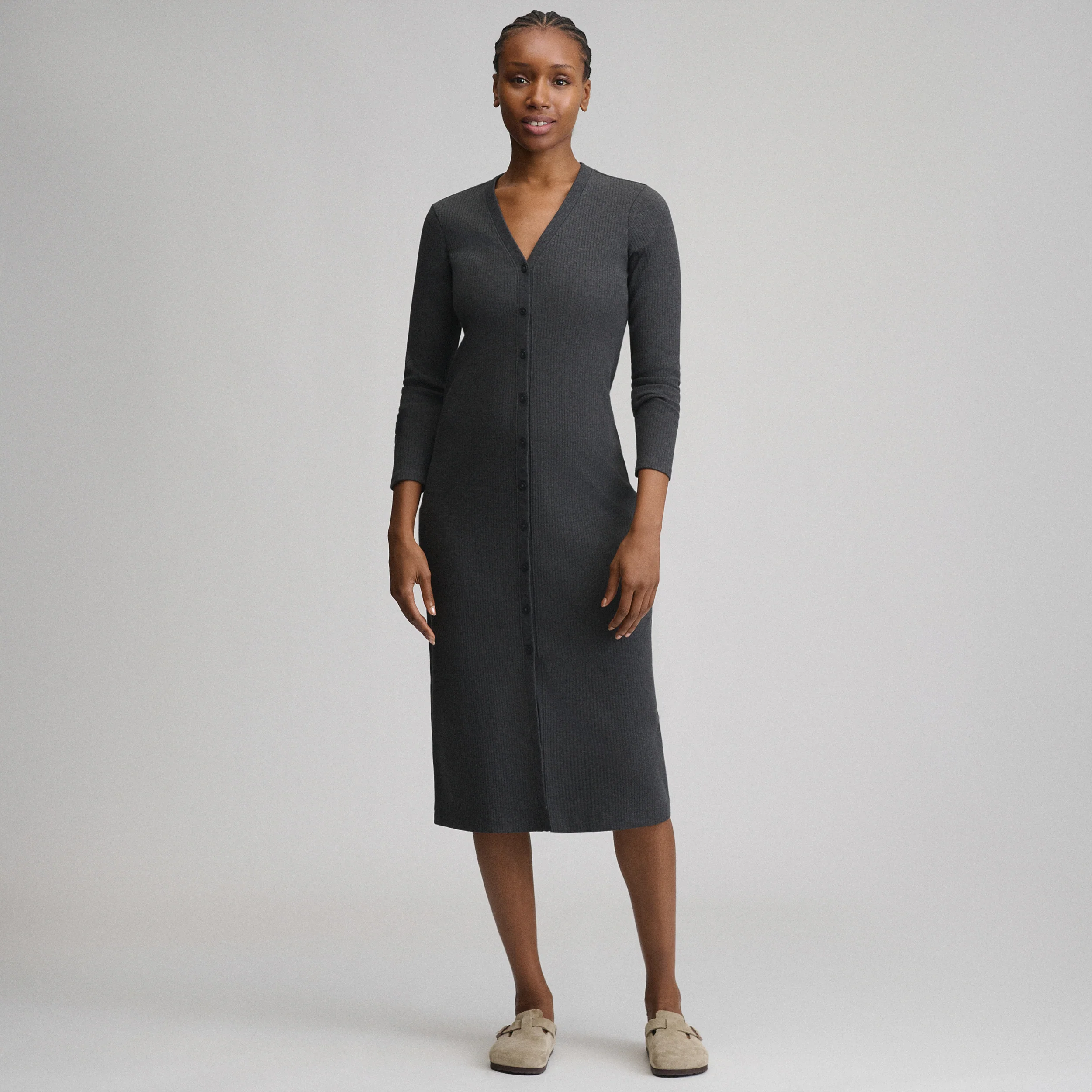 Women's Long-Sleeve Button Front Ribbed Knit Midi Dress