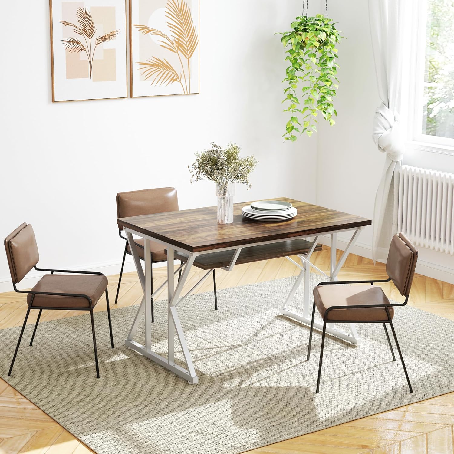 HOMCOM 47-63 Expandable Dining Table for 4-6 People, Farmhouse Dinner Table with Heavy Duty Metal Trestle Base, Rectangle Kitchen Desk, Distressed Brown