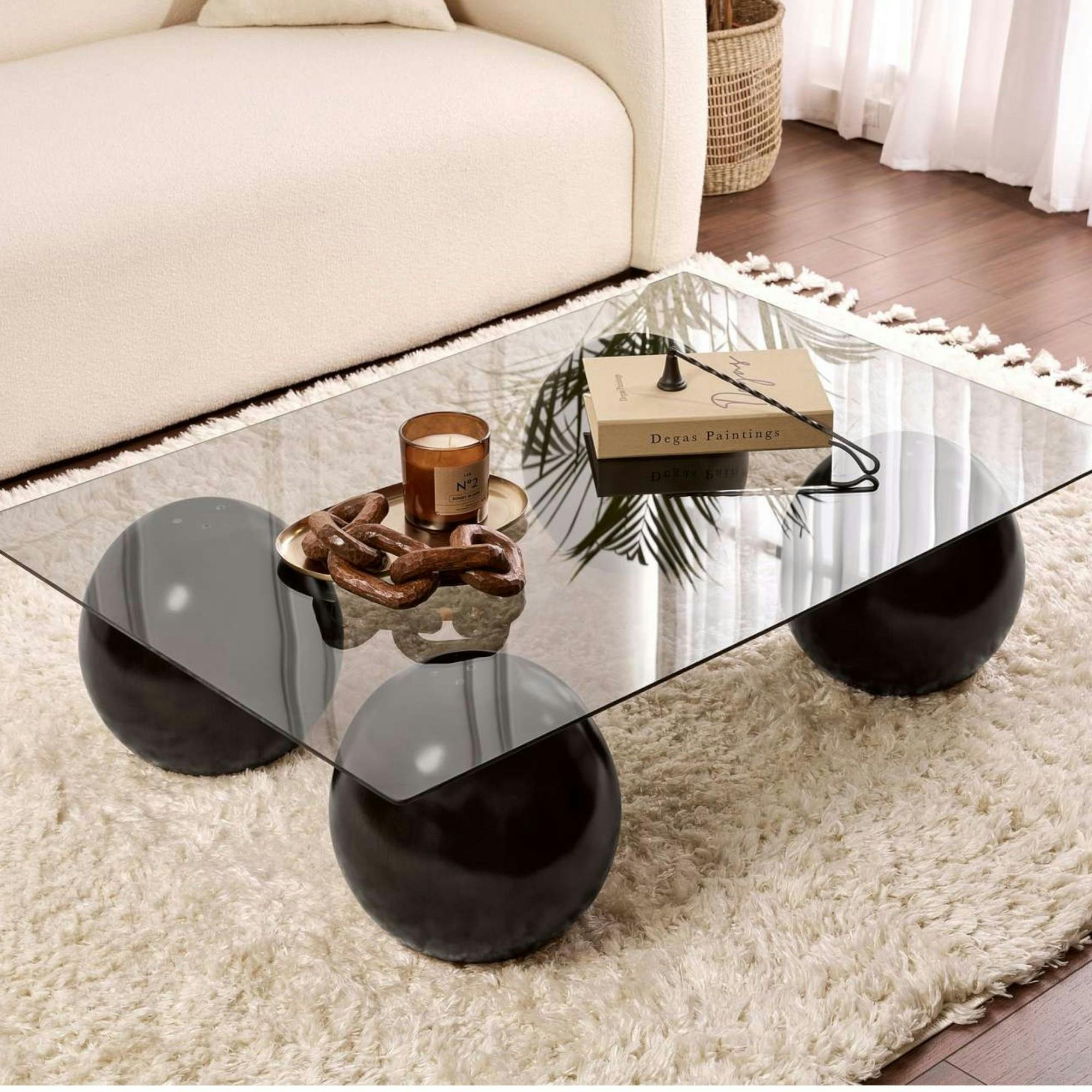 Table basse verre gris rectangulaire - 4 pieds noirs KOCHI