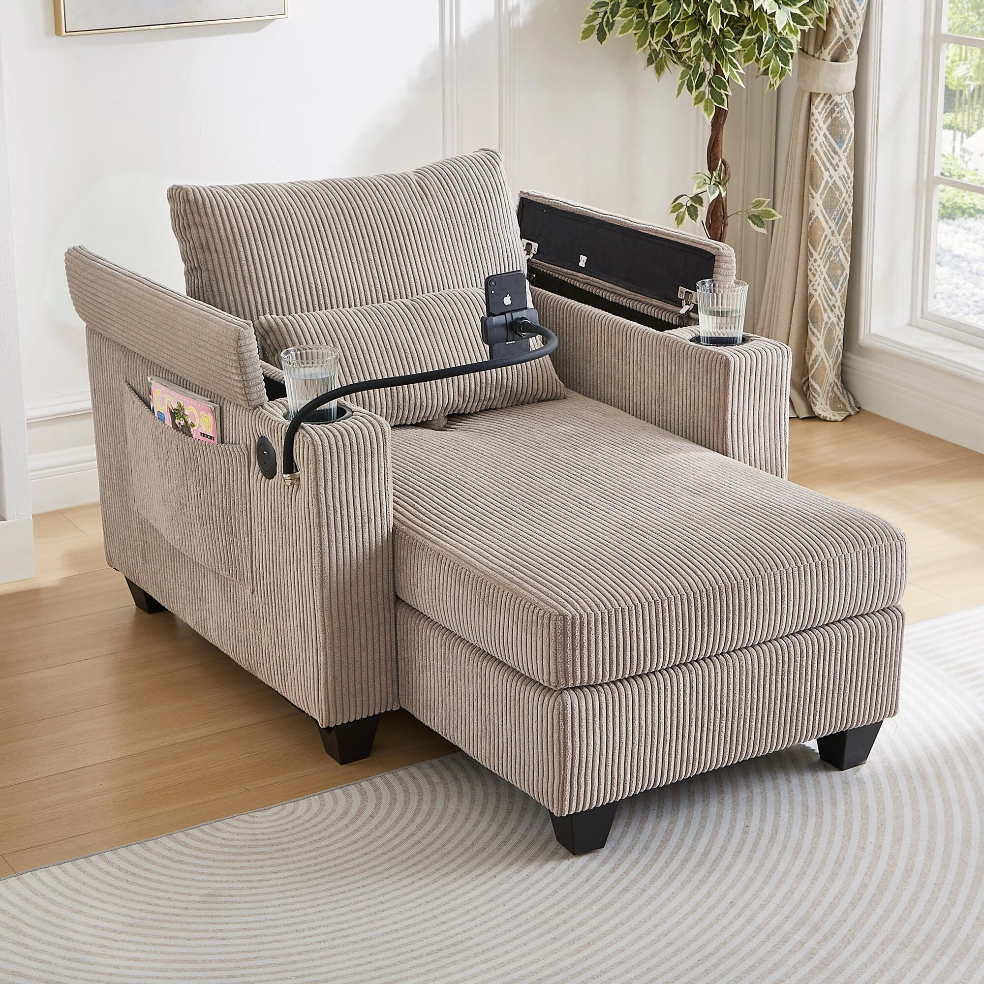 Convertible Chaise Lounge 37.4 Sofa Chair Sofa Bed Corduroy Sleeper Sofa with USB Ports, Two Cup Holders