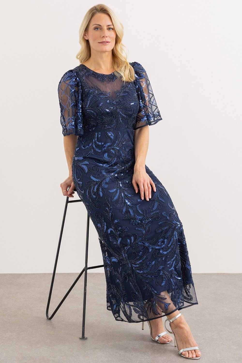 Klass. Embellished Wide Sleeve Mesh Maxi Dress