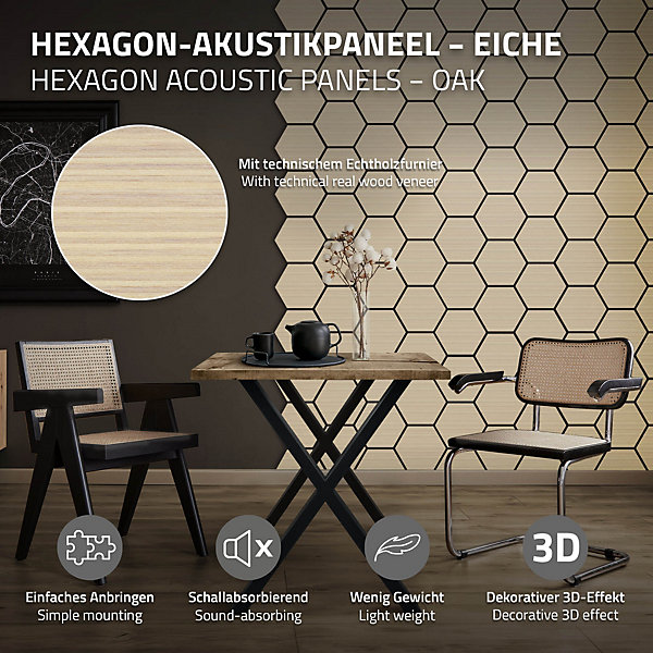 Lot de 2 panneaux acoustiques hexagonaux 66x81 cm 1m² isolation phonique chêne