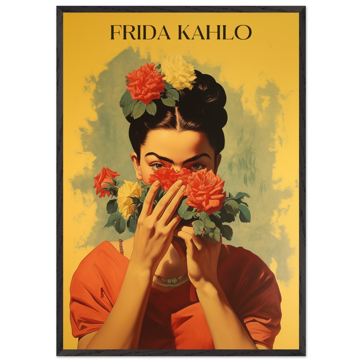 Artfulprints Poster met Lijst Frida Kahlo - Behind the bloom  - 70x100 cm - Geel