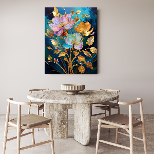 Feeby Obraz na płótnie, Kolorowe Kwiaty Złoto Abstrakcja 40x60