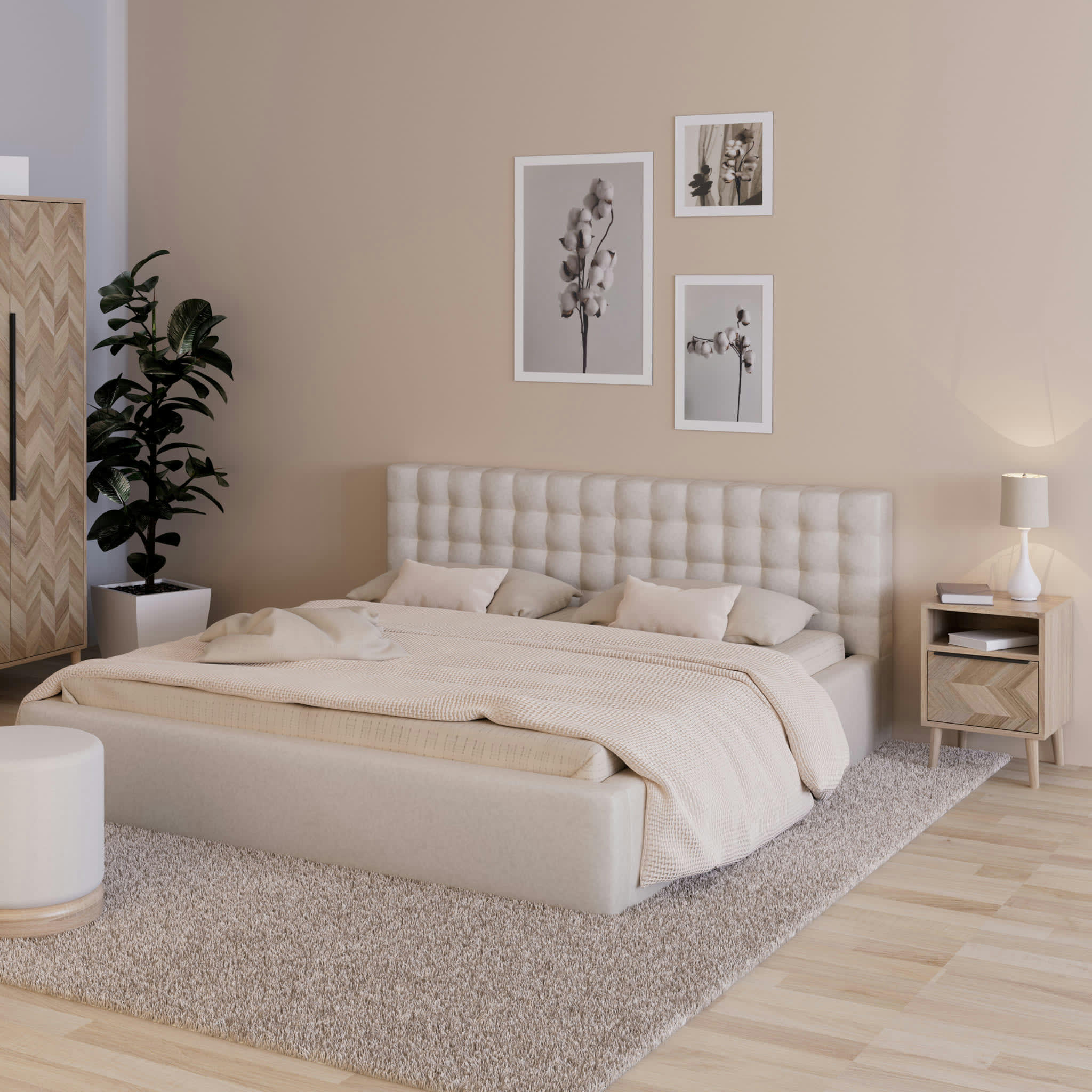 - Chevet 1 tiroir imprimé chevron avec pieds en bois massif naturel