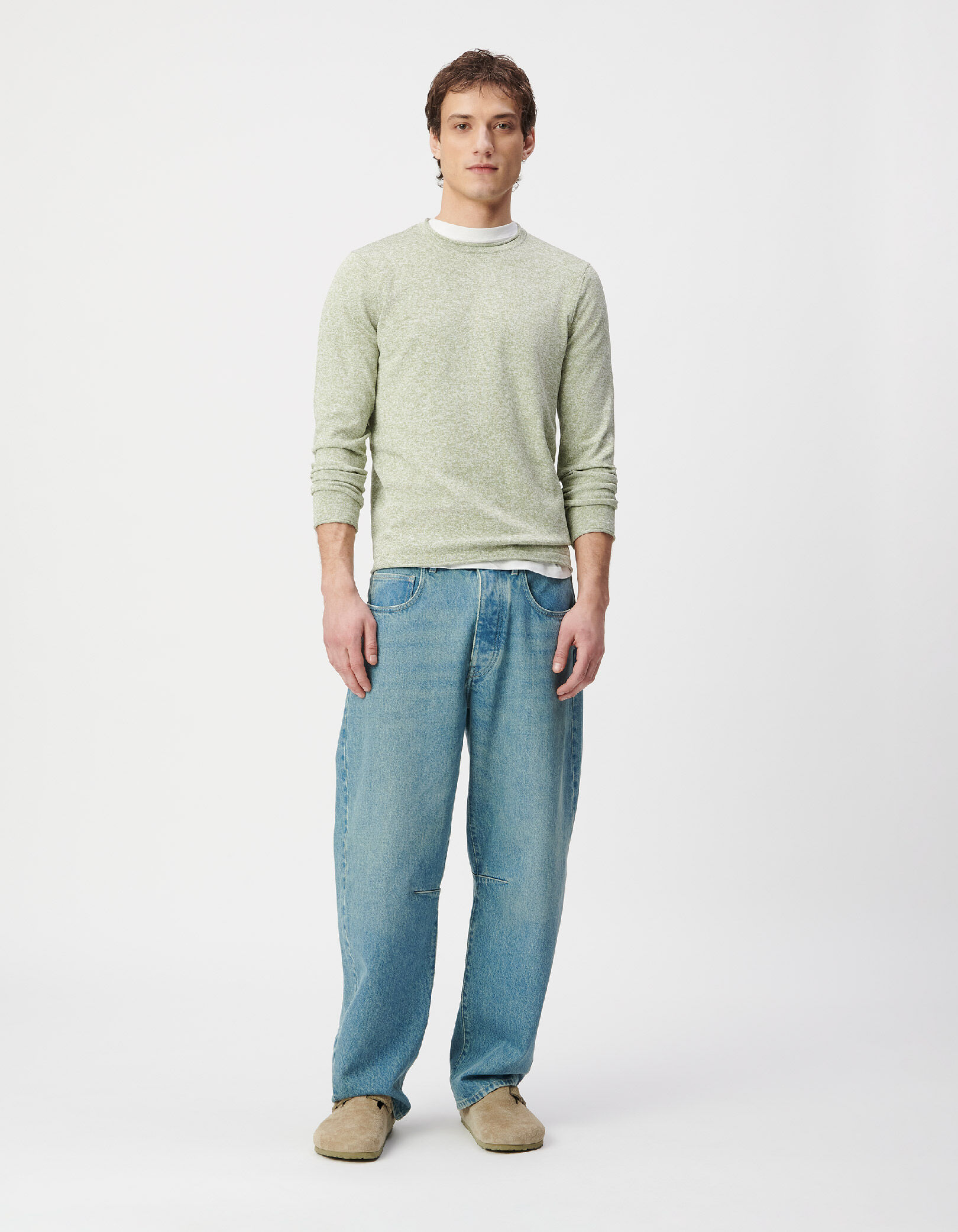 Pull col rond vert tricot fin mouliné Homme
