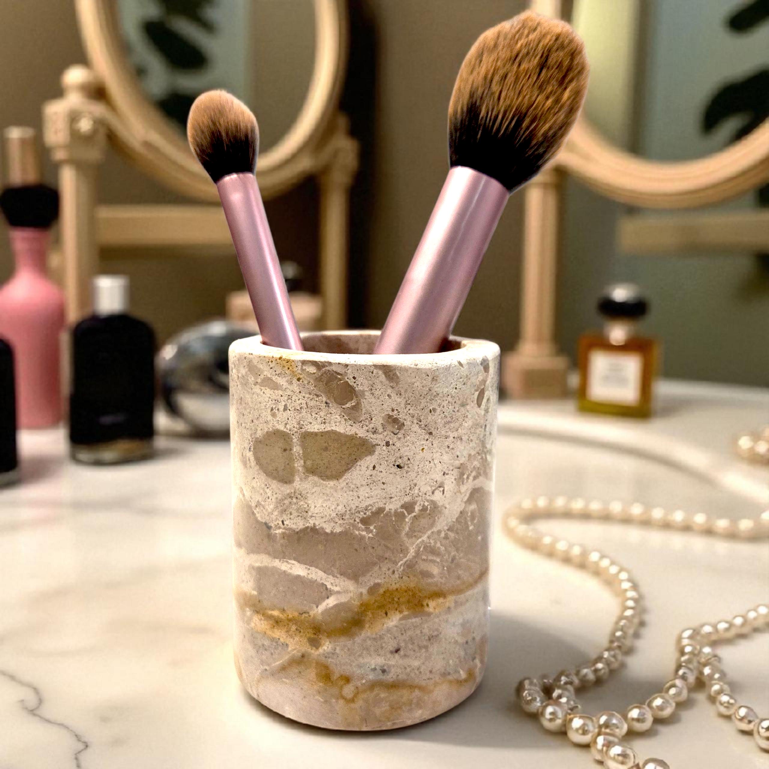 Beige Marble Toothbrush Mug | Natural Stone Pot | Makeup Brush Holder | Bathroom Organiser
