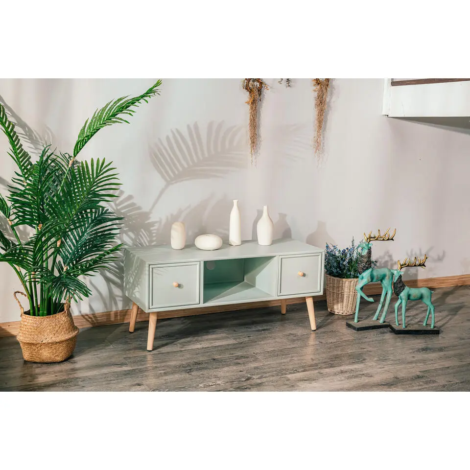 TV-meubel met 2 laden van massief hout in mintgroen