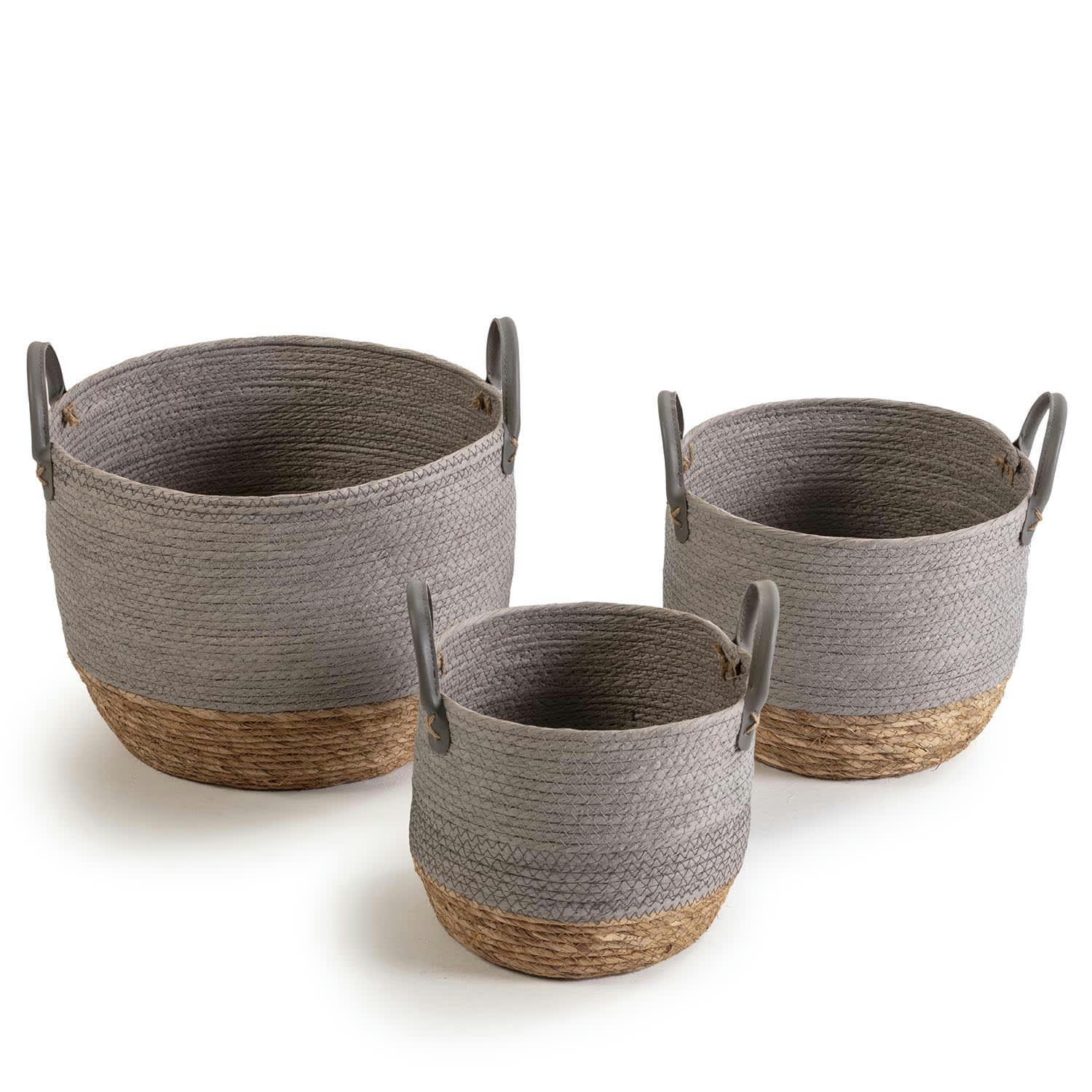 NEVES - Set de 3 paniers fibre naturelle et papier, gris/naturel