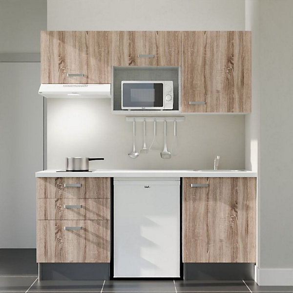 Kitchenette K20 - 180 cm - Façades : Bois - Plan de travail : Blanc - Crédences : Non - Evier
