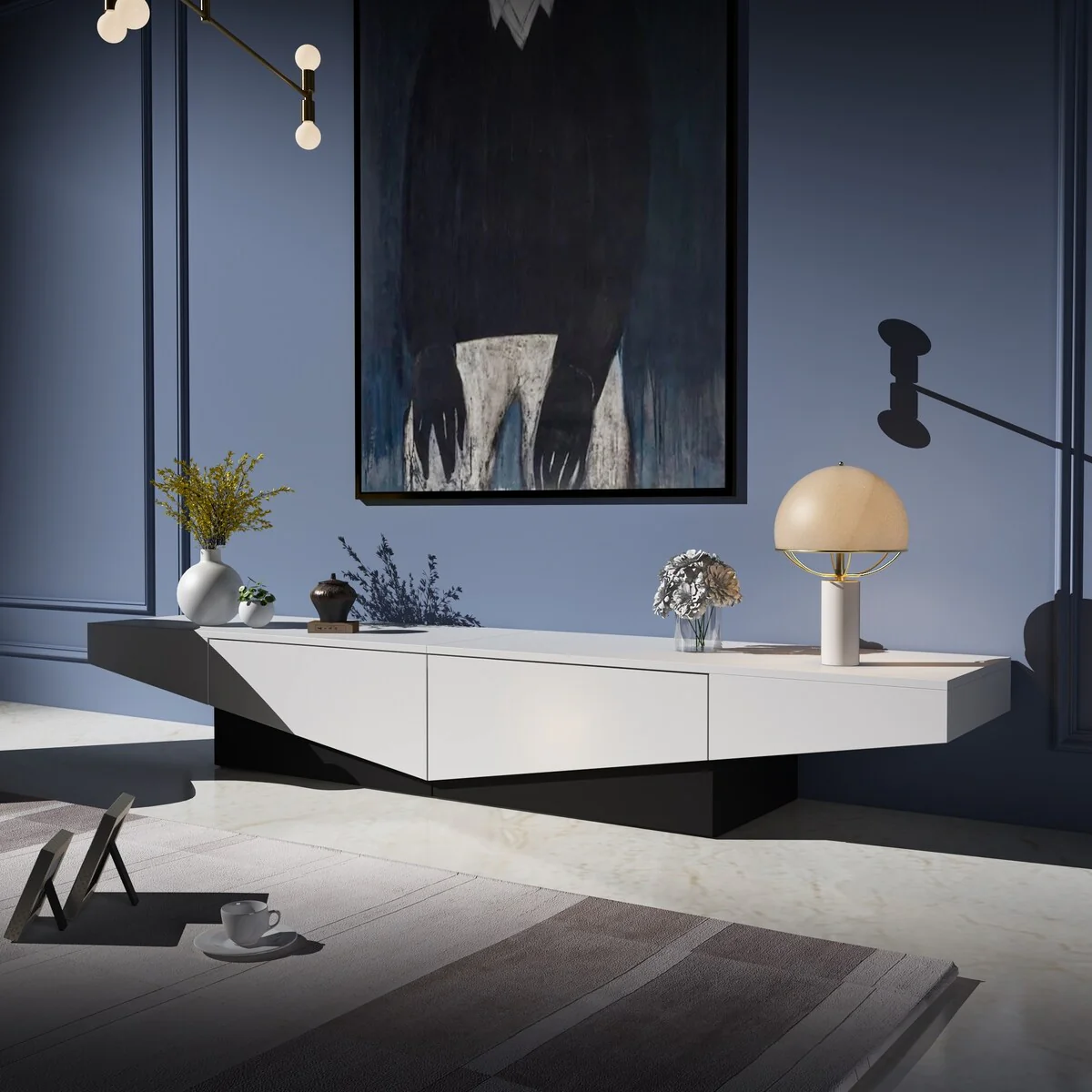 Inverted Triangle Black & White Patchwork TV Entertainment Center - 78.7W