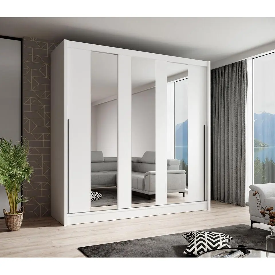 Meubella - Kledingkast Alcamo 3 - Wit - 205 cm - Met spiegel