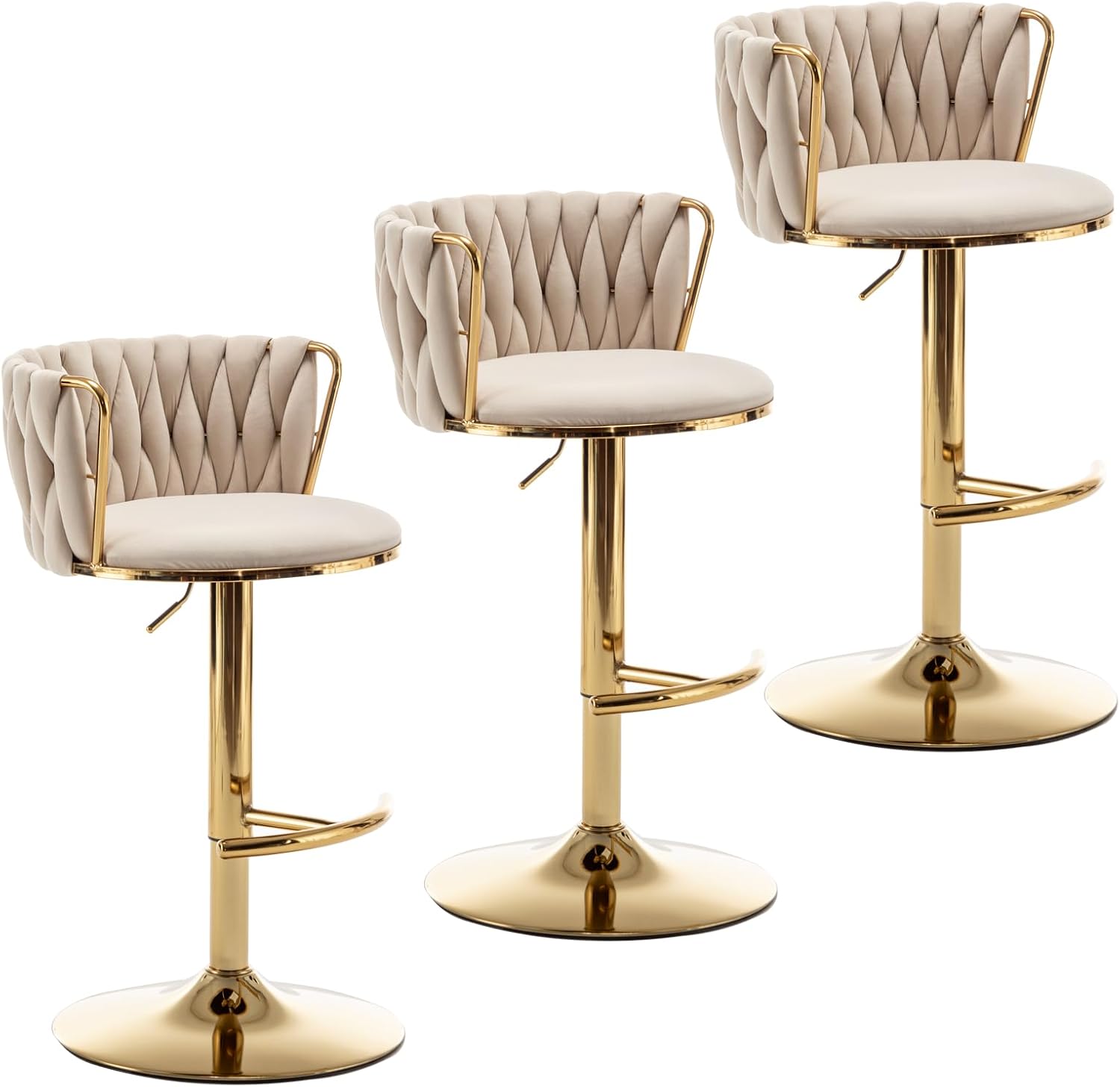 Gold Velvet Bar Stools Set of 3, Swivel Counter Height Bar Stools with Back, Adjustable Woven Barstools for Kitchen Island, Pub, Club (Beige)