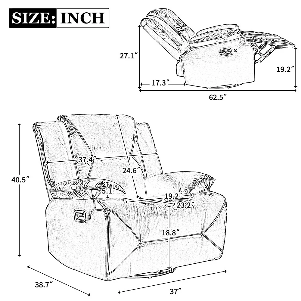 360° Swivel Rocker Recliner with LED Lights, Manual Media Chair