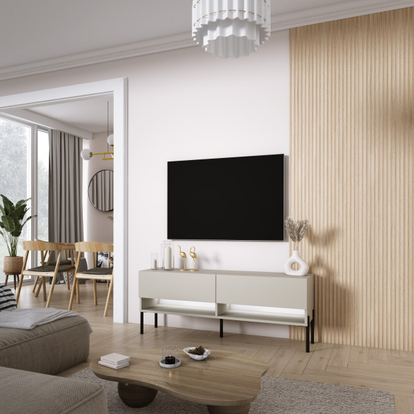 Szafka RTV Kaszmir, nogi proste czarne, LED biały, 140 × 32 × 52 cm
