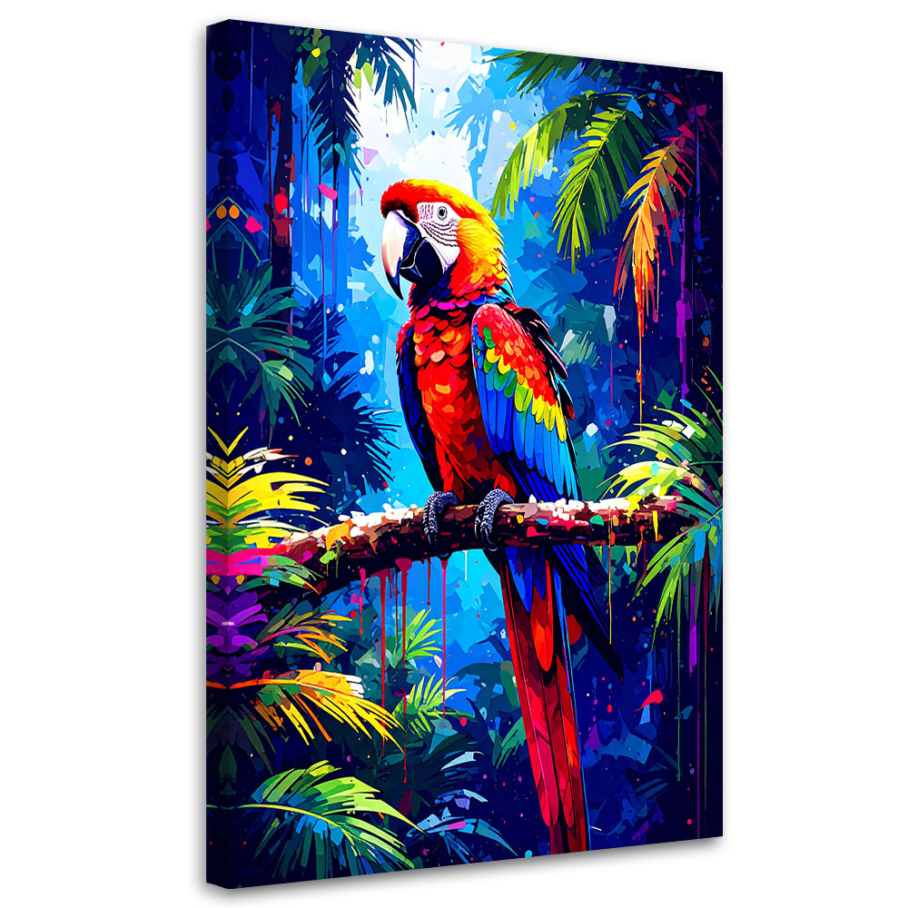 Obraz do salonu pokoju, Kolorowa Papuga na gałęzi 20x30