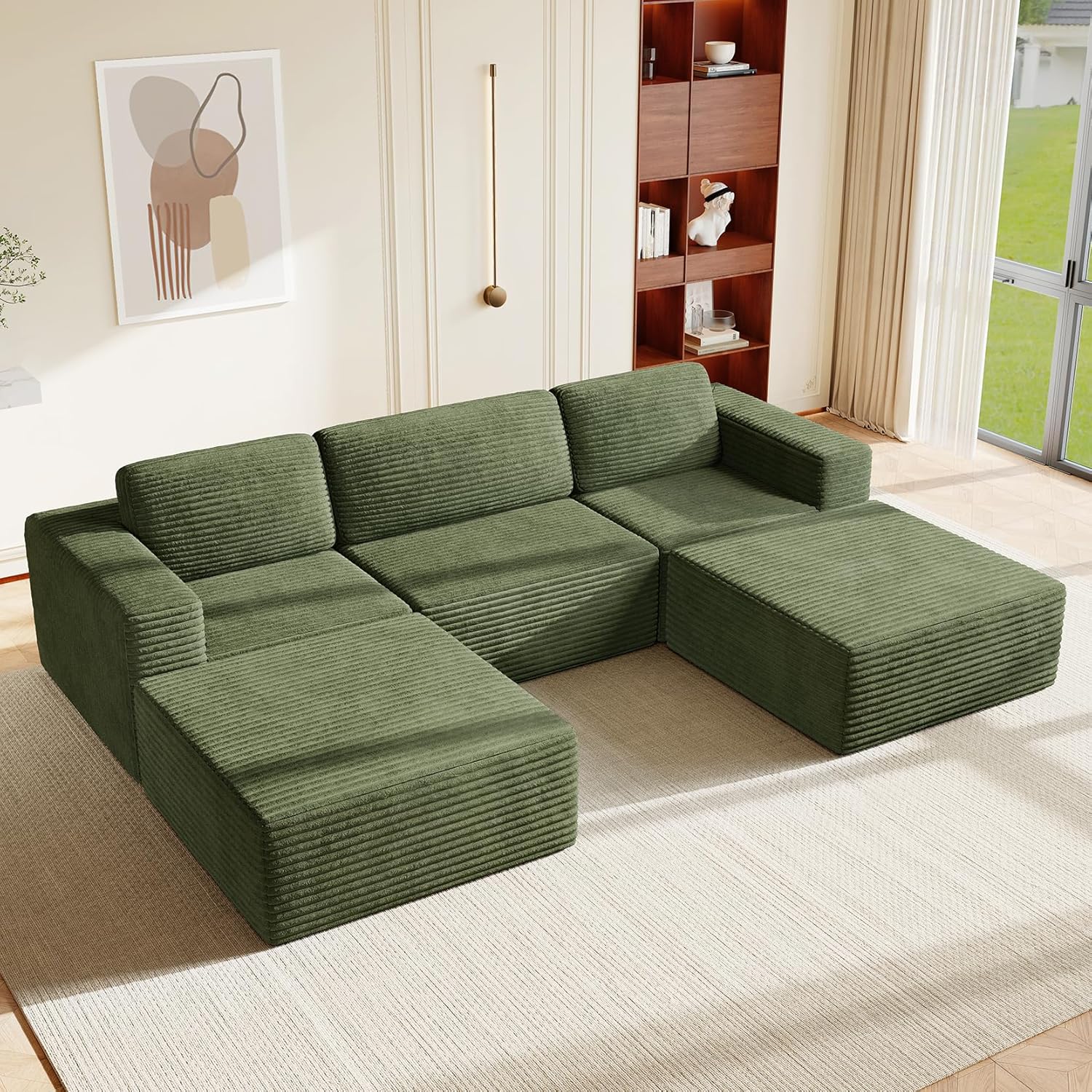 Vesgantti 119 Oversized U-Shaped Modular Sectional Sofa, Corduroy Cloud Couch with Deep Seating & Spring Support, Convertible Sofa with 2 Ottomans, Boneless Couch, No Assembly Required, Green