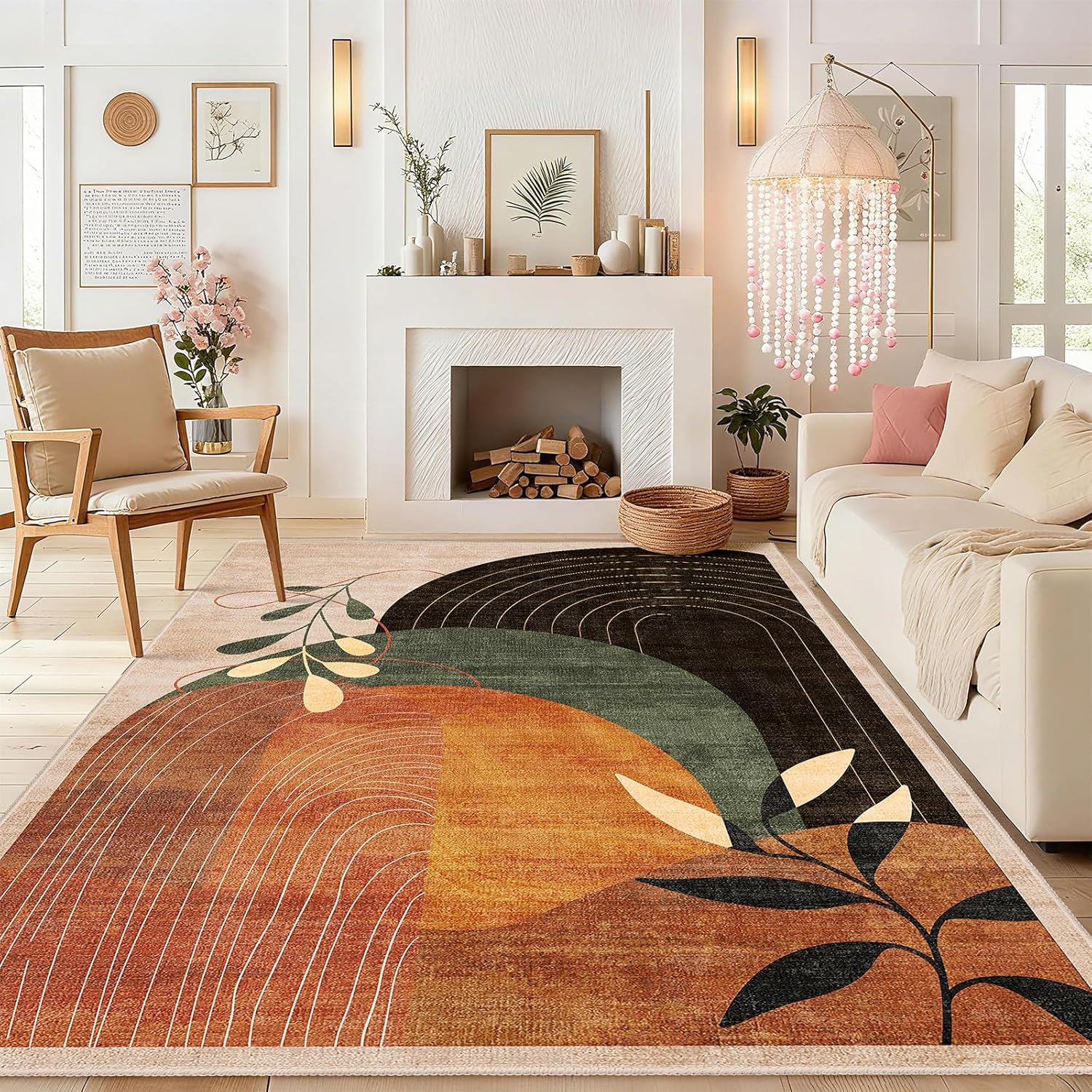 MUJOO Washable 8x10 Area Rugs for Living Room Bedroom Dining Room Large Boho Non Slip Carpet Indoor Mid Century Modern Abstract Botanical Geometric Terracotta
