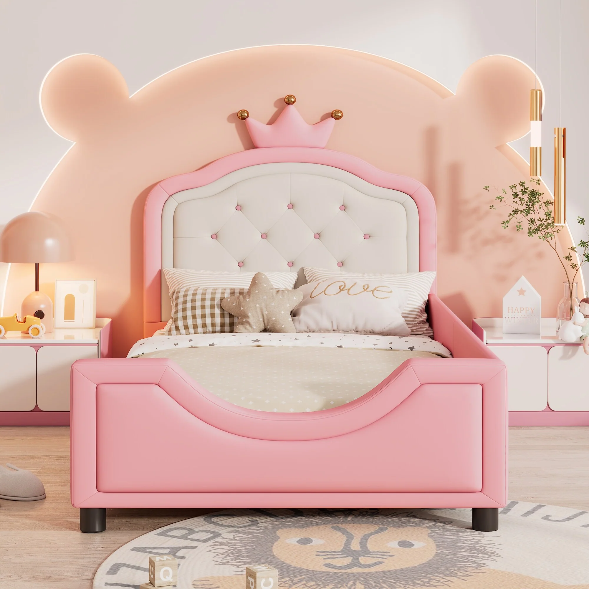 Adorable Princess Pink Twin Size Upholstered Daybed with Button Tufted Crown Headboard, Low Profile Platform Bed for Kids