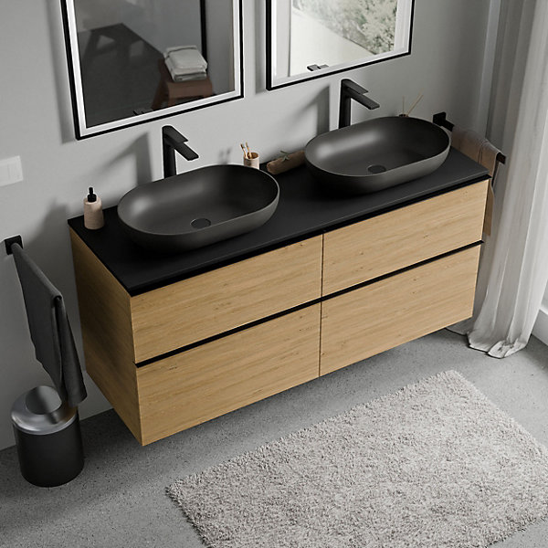 Meuble sous vasque suspendu MDF Chêne miel, plan vasque &poignée Noir mat - 140x46x62cm - LAVOA