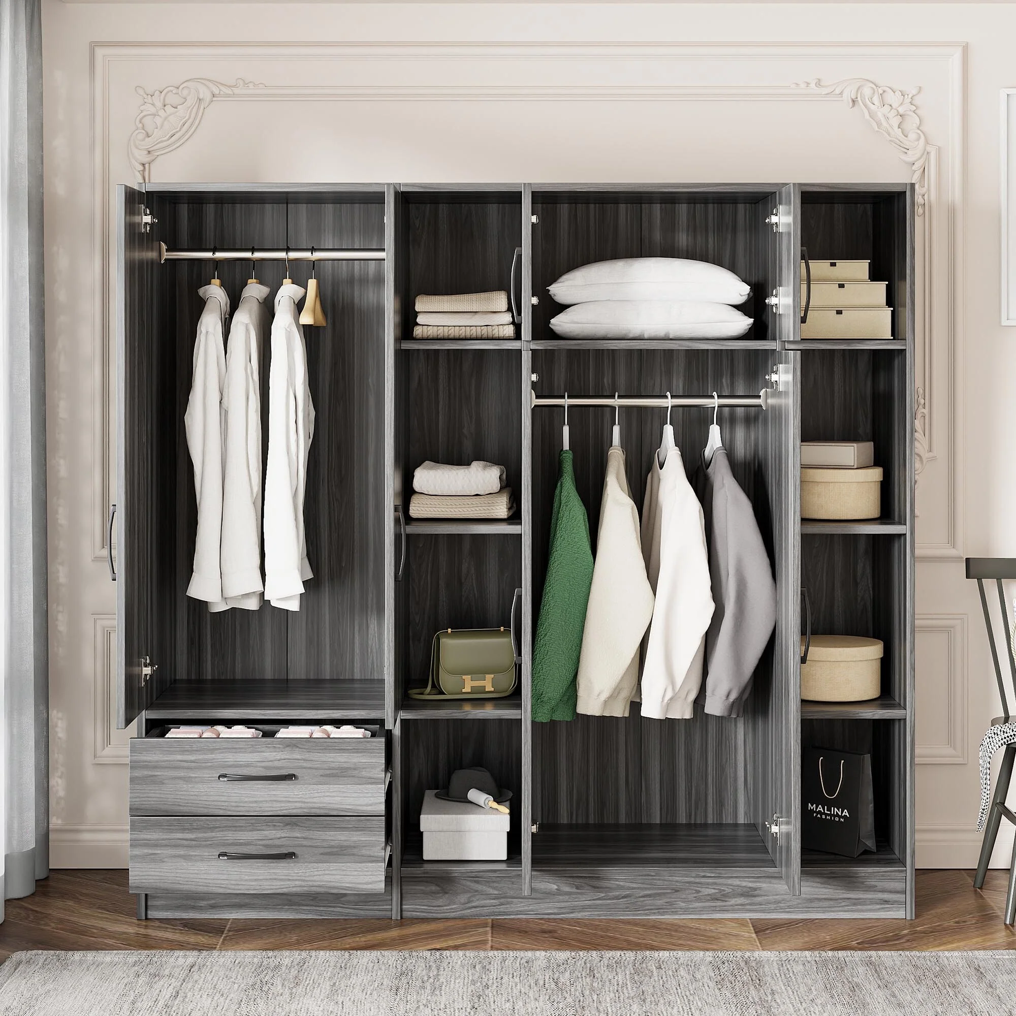 6-Door Wardrobe with Shelves and Drawers